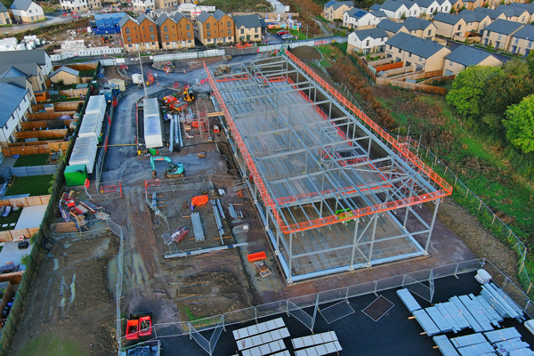 Aerial shots of the new Two Rivers CofE Primary School taking shape on the Hygge Development site